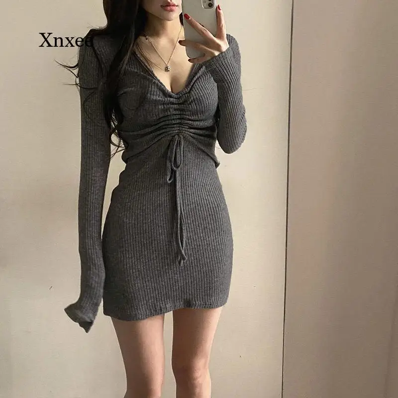 Sexy Drawstring Mini Dress Solid Vestido Elegant Long Sleeve Draped Short Bodycon for Women Sleeveless Night Club Party Outfits