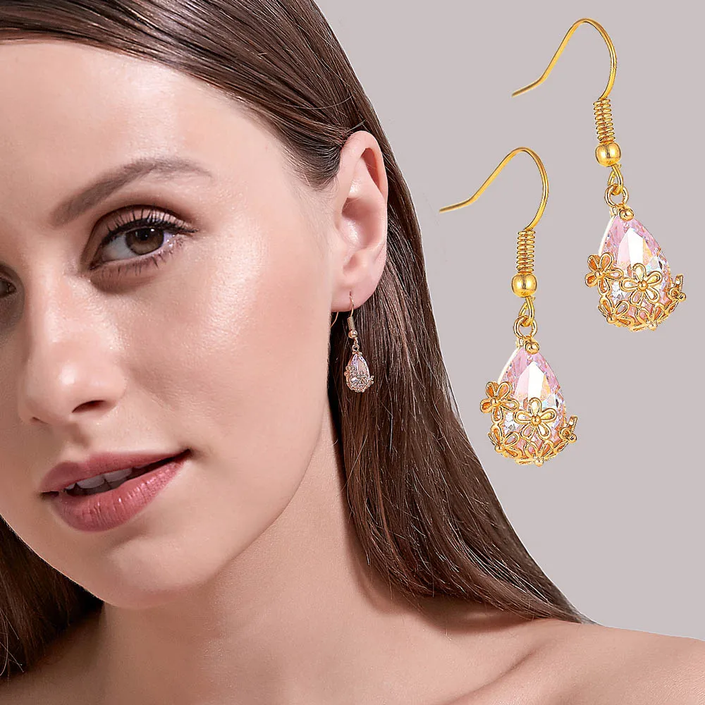 Hollow Zircon Rhinestone Waterdrop Alloy Metal Flowers Golden Silver Plated Copper Women Dangle Earrings & Drop Earrings