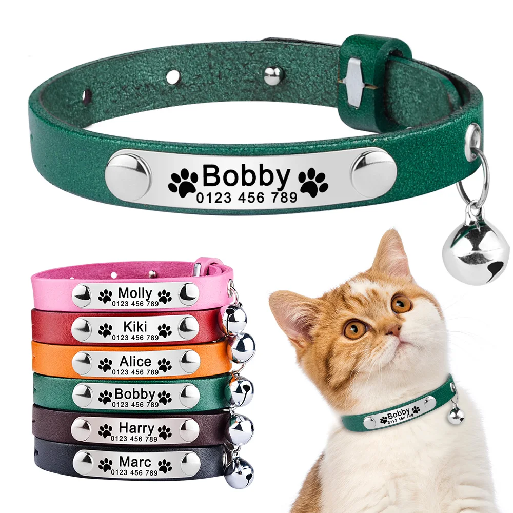 Adjustable Leather Engraved Cat Collar Custom Name Pet Products Small Large Cat Collar Unisex Cat Supplies Personalized Cat Tag