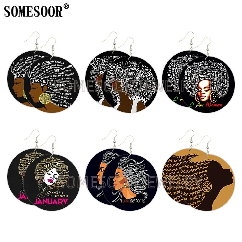 

SOMESOOR Black Woman Roots Head African Wooden Drop Earrings Inspire Sayings Arts Both Sides Printed Round Loops For Women Gifts