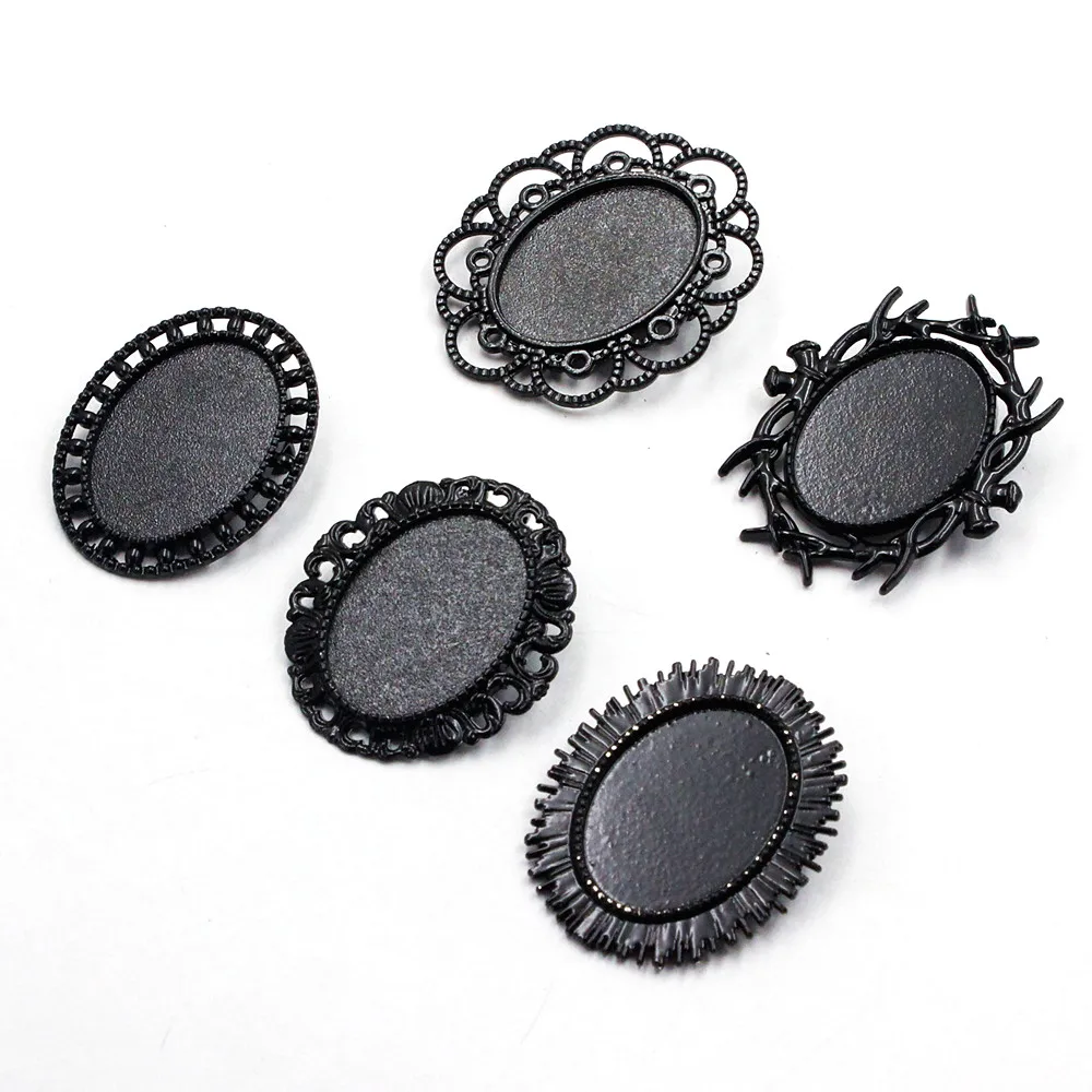 Fit 18x25mm Vintage Oval Cabochons Pattern Glass Black Blank Setting Bezel Base Brooch Settings For DIY Making 5pcs K06235