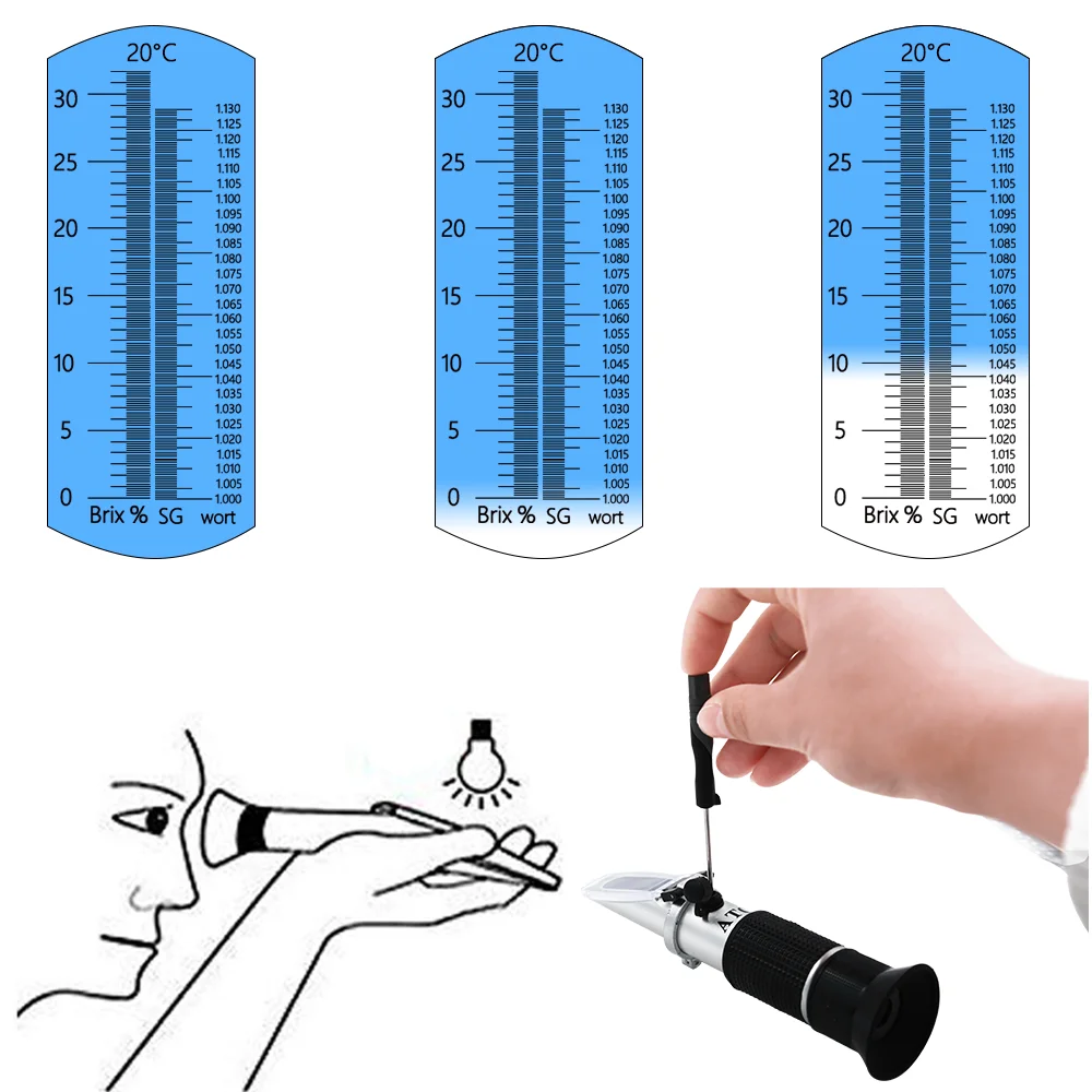 Kotak Ritel Refraktometer Bir Wort Anggur ATC SG 1.000-1.130 Brix 0-32%, untuk Gula Anggur Bir Buah 48% Diskon