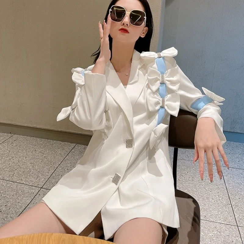 Blazer Fashion Women Autumn New Lady Bow White Suit Jacket Streetwear Single Breasted Party Full Sleeve Outerwear Female S-2XL