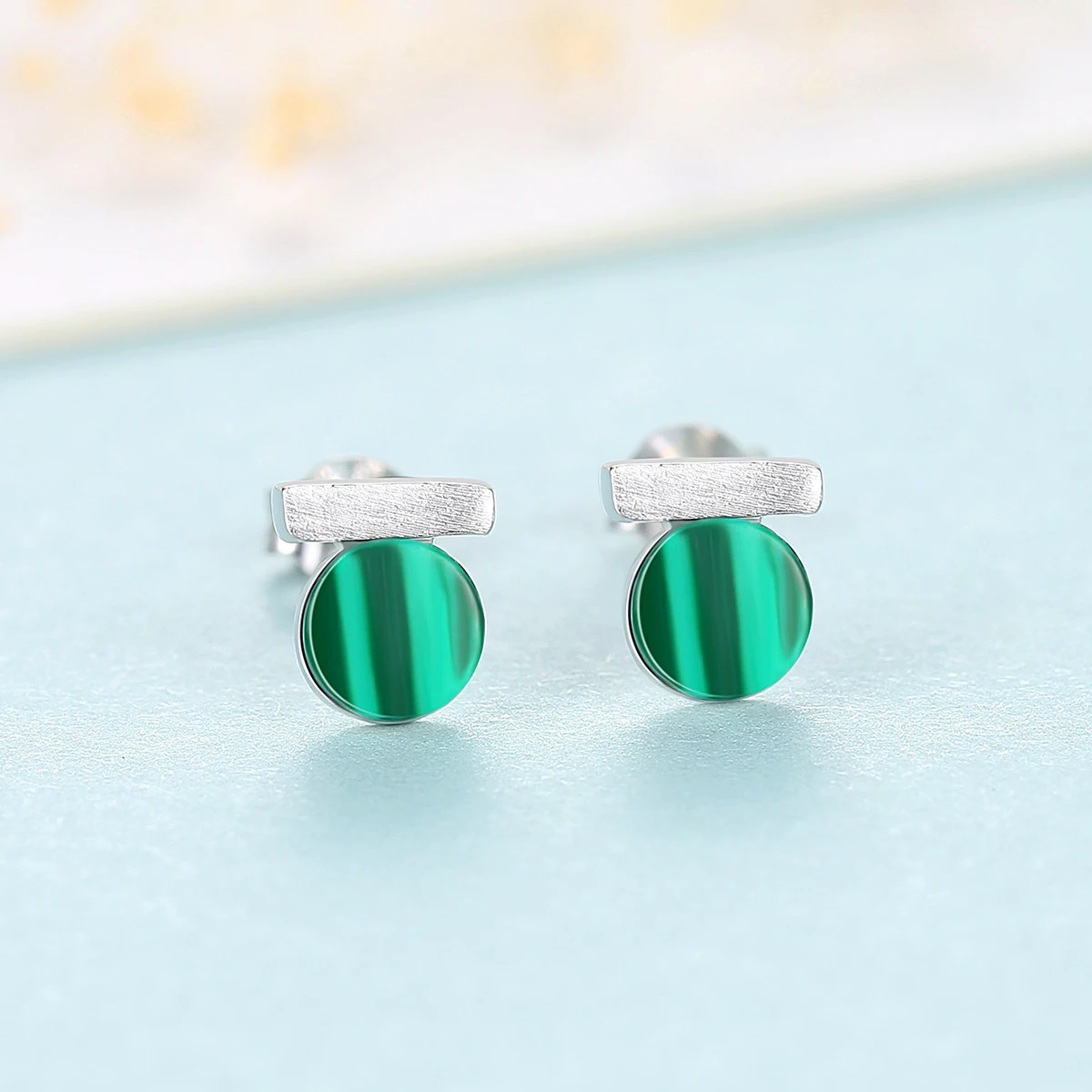 PAG&MAG New Fashion Natural Round Malachite Stud Earrings Real 925 Sterling Silver Fine Jewelry For Women Christmas Gifts
