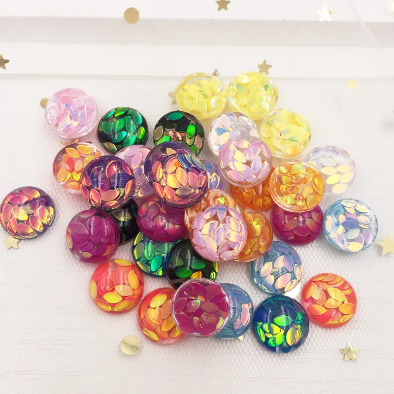 40Pcs Resin Horse Eye Glitter Paillette  Filled 12mm Round Flat Back Cabochon Rhinestone Buttons G24