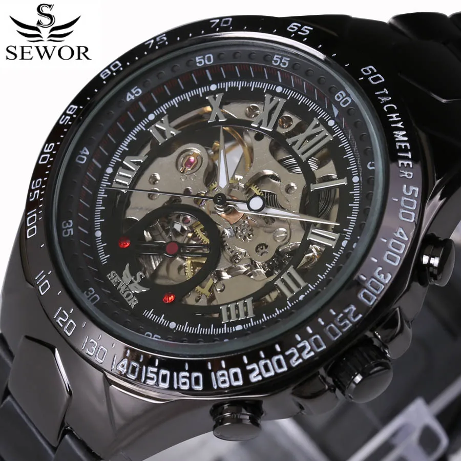 

Sewor Top Brand Watch Fashion Sports Black Stainless Steel Automatic Mechanical Wristwatches Men Skeleton Watches Reloj Hombre