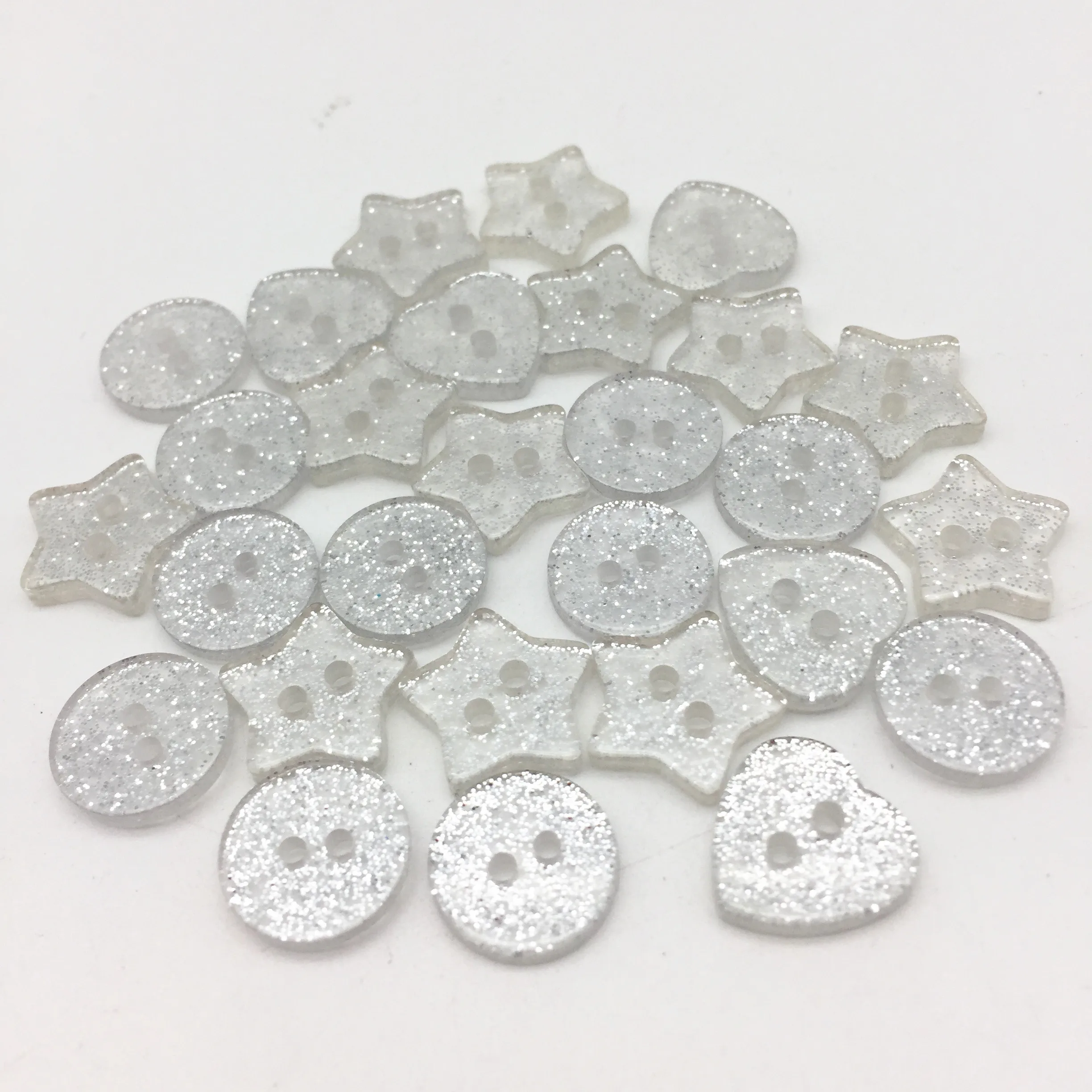 50pcs Silver Clear Glitter Sparkle Buttons, Heart, Star, Round, 2 Holes, Sewing Accessories, Shiny Embellishment, DIY Crafts,