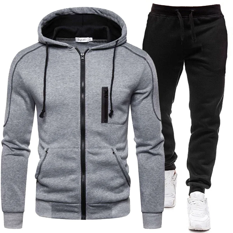 Men\'s Tracksuit Sports Suit 2021 Spring and Autumn Leisure Suit Sports Sweater Zipper Stitching Hooded Two-piece Set Large Size