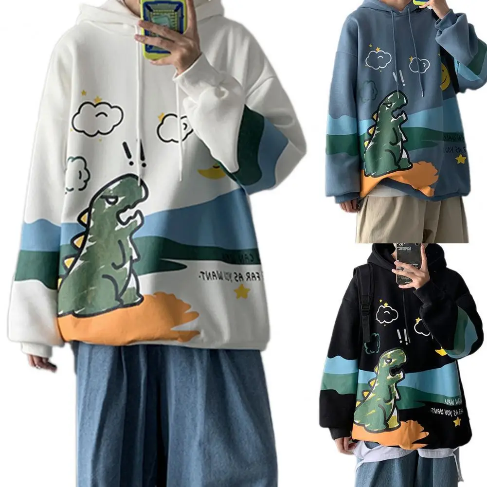 Men Winter Cartoon Dinosaur Print Pullover Long Sleeve Sweatshirt Loose Hoodie