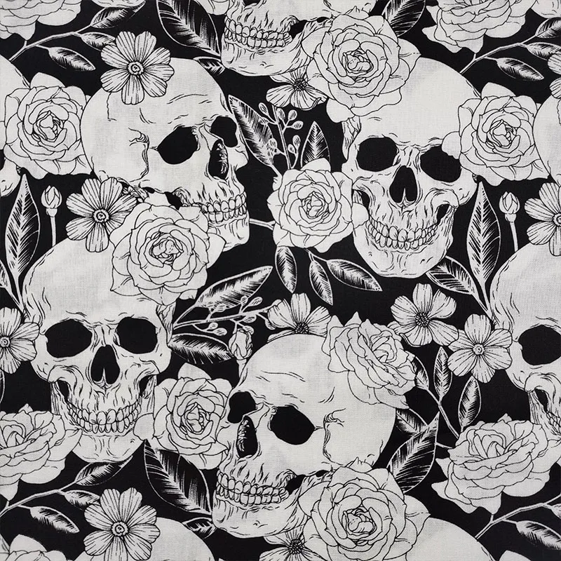 Cool 110cm Wide White Skull Fabric Cotton Fabric White Rose Head Skull Print Cloth Patchwork Sewing Material Diy Clothing Dress