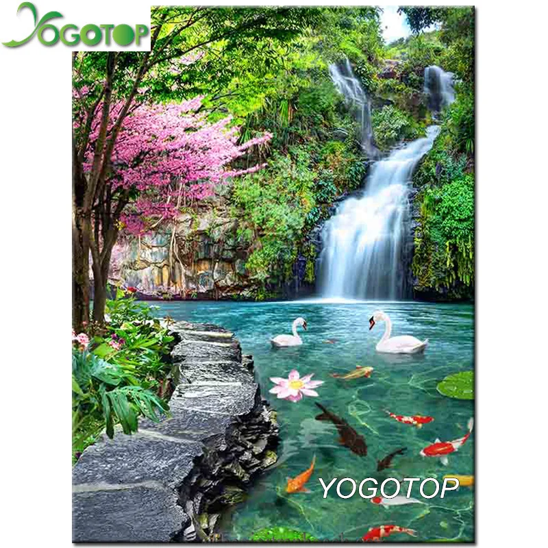 Diy Diamond Painting Waterfall Swan Koi Fish 5D Diamant Embroidery Spring  Mosaic Handmade Lotus Tree Natural Landscape YY2721