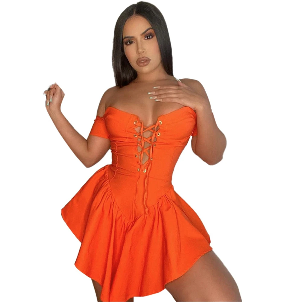 Summer Women Fashion Off Shoulder Solid Eyelet Lace-Up Ruffles Hem Plain Mini Dress Sexy Zip Back Dresses