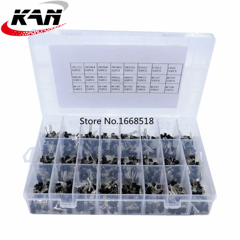 

840pcs/set 24Values TO-92 Transistor Assortment Kit BC327 BC337 BC547 transistor 2N2222 3904 3906 C945 PNP/NPN transistors pack