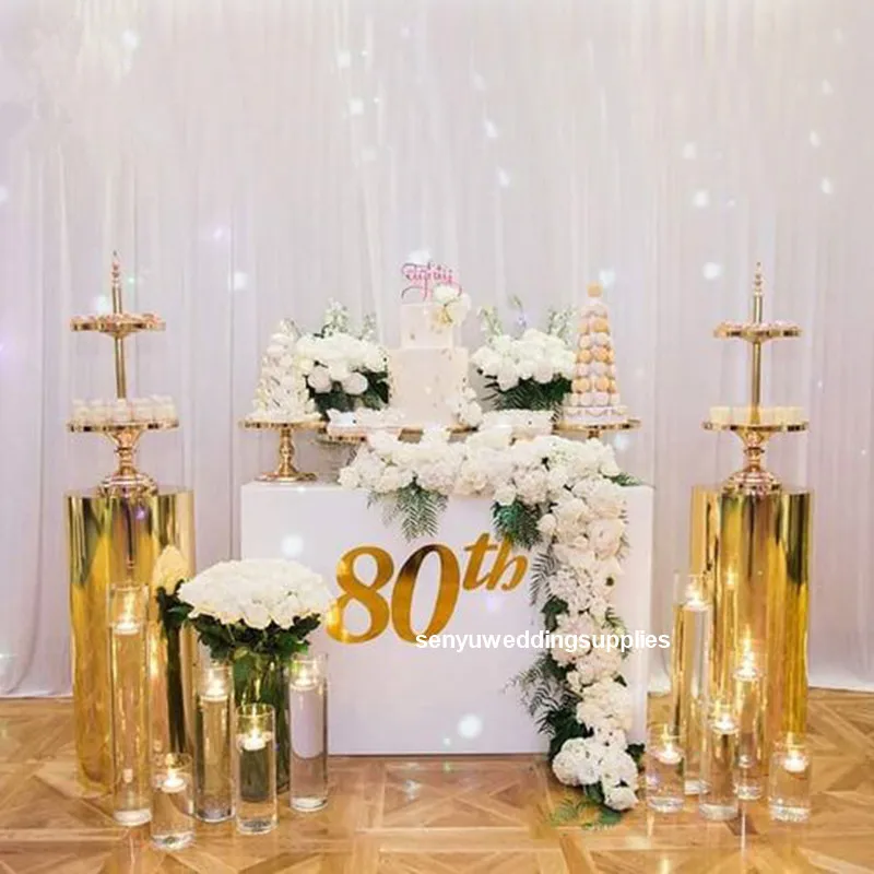 

new style )Mirror Gold Display Plinths Pedestal Stand for wedding stage decoration Luxury Cylinder Cake stand senyu2123