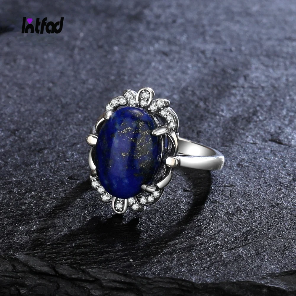 

Natural Lapis Lazuli Ring 925 Sterling Silver Rings for Women Vintage 10*14MM Moonstone Labradorite Jewelry Gifts