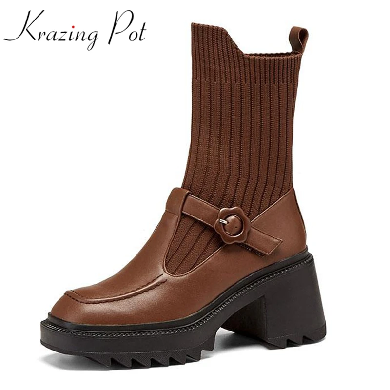 

Krazing Pot Cow Leather Metal Buckle Western Boots Square Toe Winter Thick High Heels 2021 Art Design Knitting Mid-calf Boots