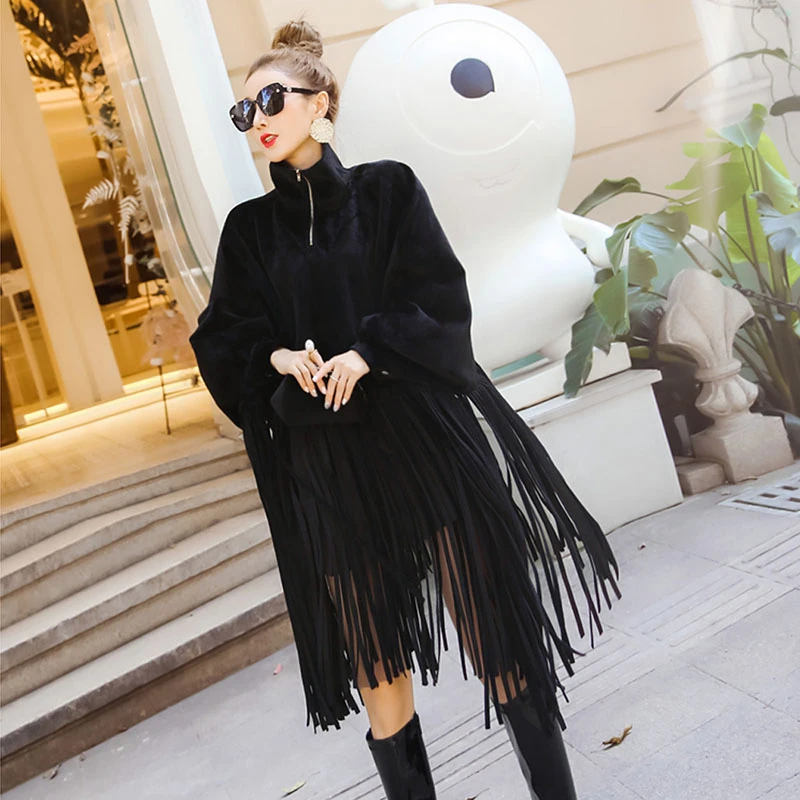 2023 New Spring Autumn Black Jacket Women Loose Tassels Turtleneck Long Sleeve Women Cape Coat Women Fashion oversized Ponchos