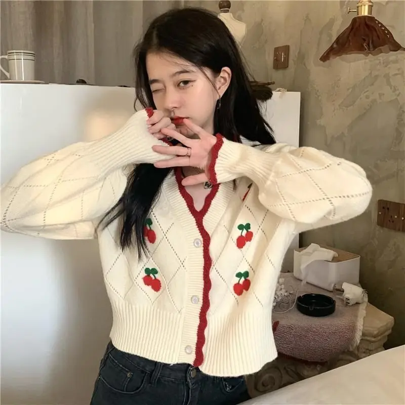 Cardigan Women Sweet Cropped Sweaters Cherry-printed Gentle Knitted Retro Korean Style All-match Fashion Outwear V-neck Feminine