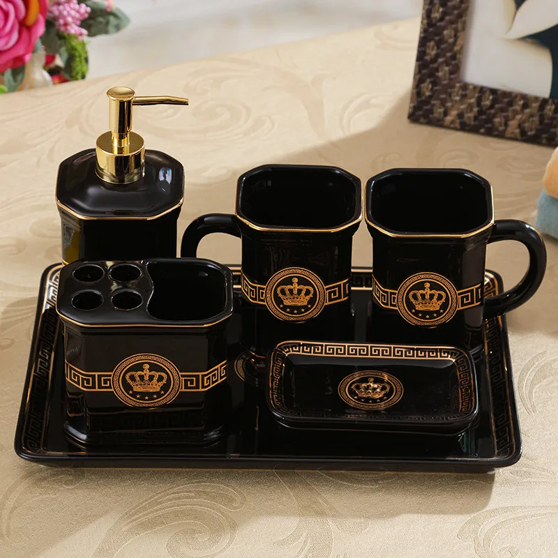 

Ceramic Bathroom Accessories Set Soap Dispenser Toothbrush Holder & Cups WIth Tray Lavatory Luxury 5-6 Pieces Set Wedding Gifts