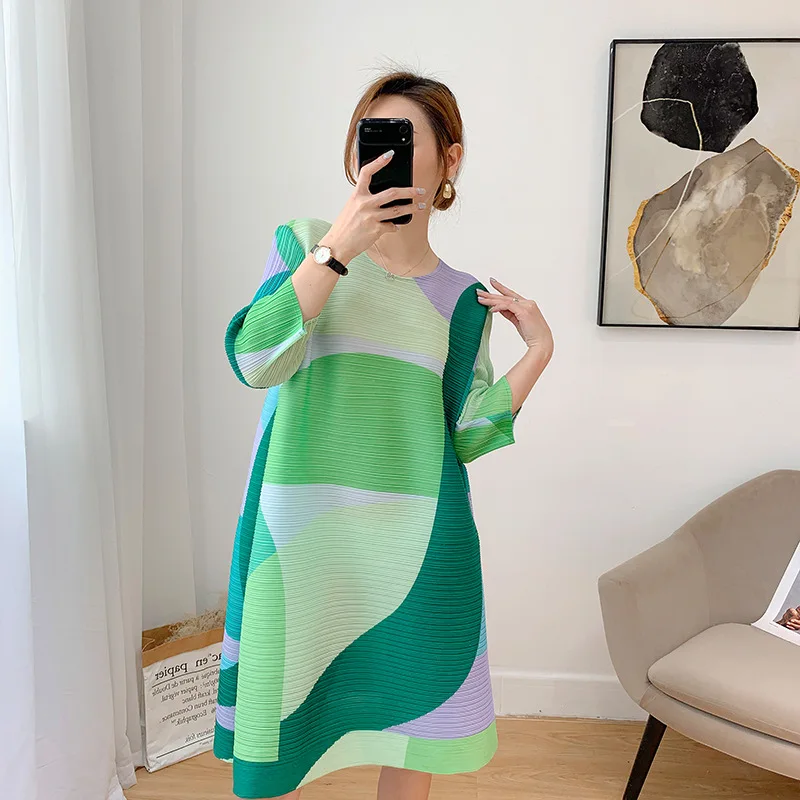 Pleated Dress Women's 2021 Summer New Age Reducing Large Size Loose And Thin Belly Covering A-line Dress