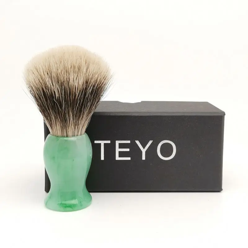 TEYO Two Band Silvertip Finest Badger Hair Shaving Brush With Emerald Green Pattern Resin Handle