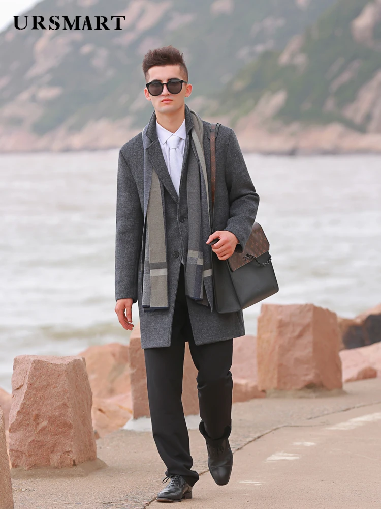 

Suit collar wool tweed coat men's autumn and winter new fashion British Plaid business trip thickened business coat men