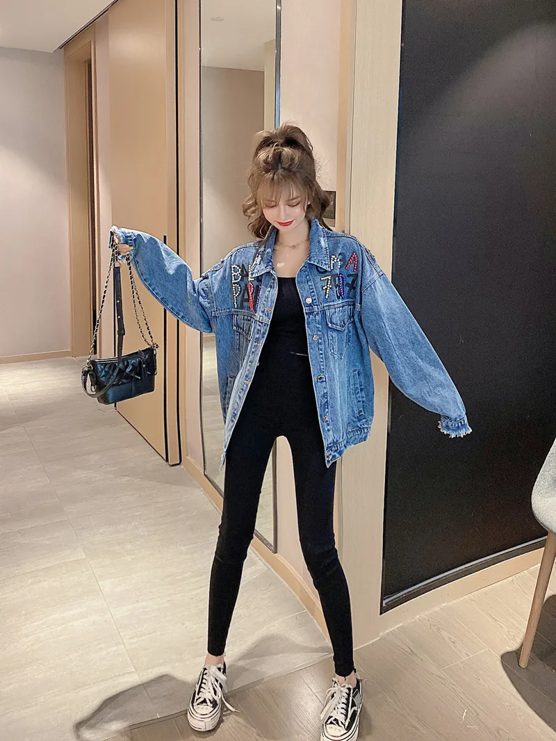 Women\'s Denim Jacket Outerwear Diamond Letters Printed  Female 2024 Spring And Autumn New Fashion Long Sleeved Denim Coats