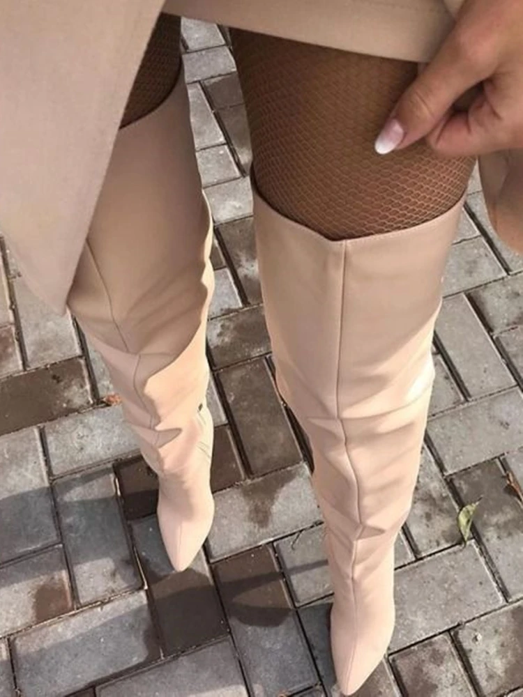 Beige Leather Over The Knee Boots Thin High Heel Sexy Pointed Toe Winter Women Boots Fashion European Autumn Winter Dress Boots