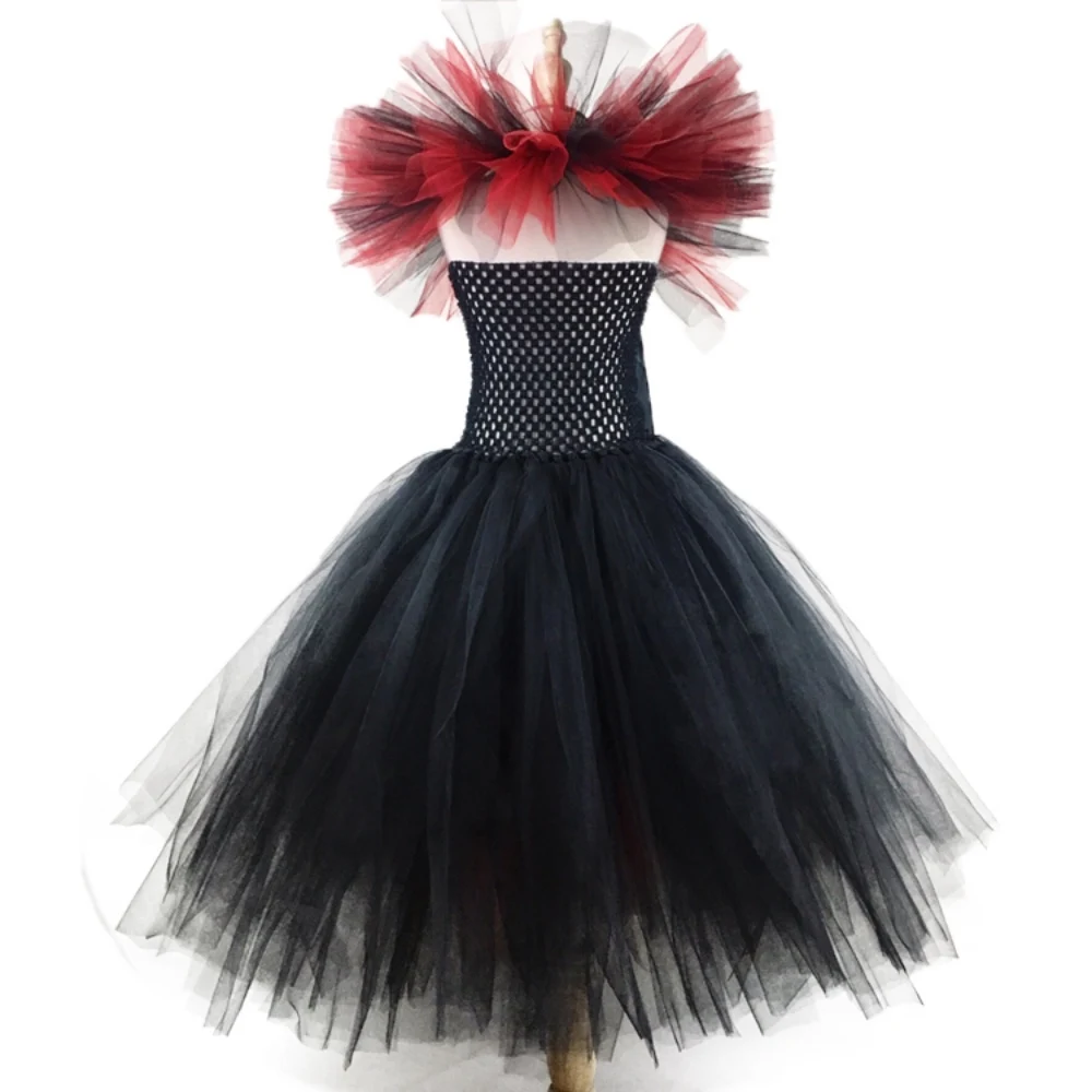 Girls Maleficent Black Red evil Queen Tutu Dress Kids Crochet Ribbon Dress Ball Gown with Hairbow Children Halloween Party Dress