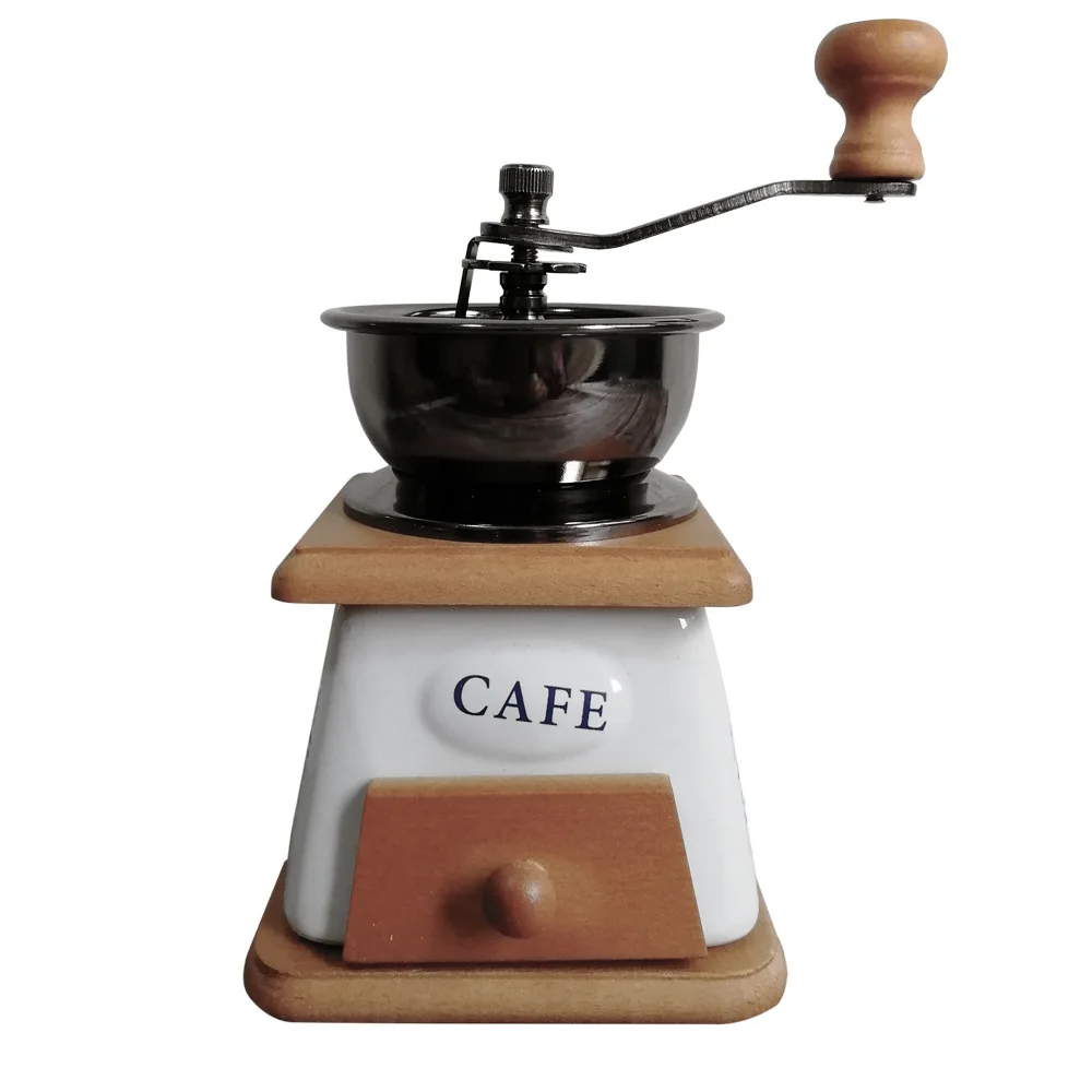 

portable hand-operated coffee Grinder Set&pepper Mill Shakers with square ceramic pot and wood drawer container