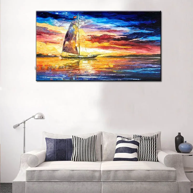 100% handmade sunset boat Scenery Oil Painting On Canvas Wall Art picture for room handpainted home Decoration no frame