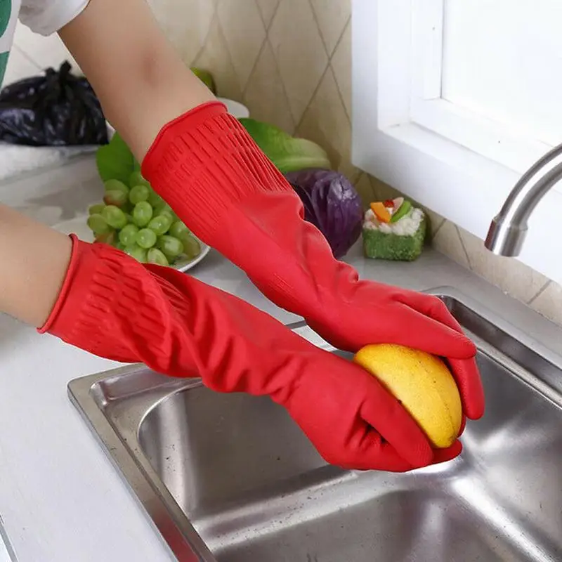 Red Gloves Washing Dishes Cleaning Waterproof Rubber Sleeve Gloves Latex Long Gloves  Kitchen Tool