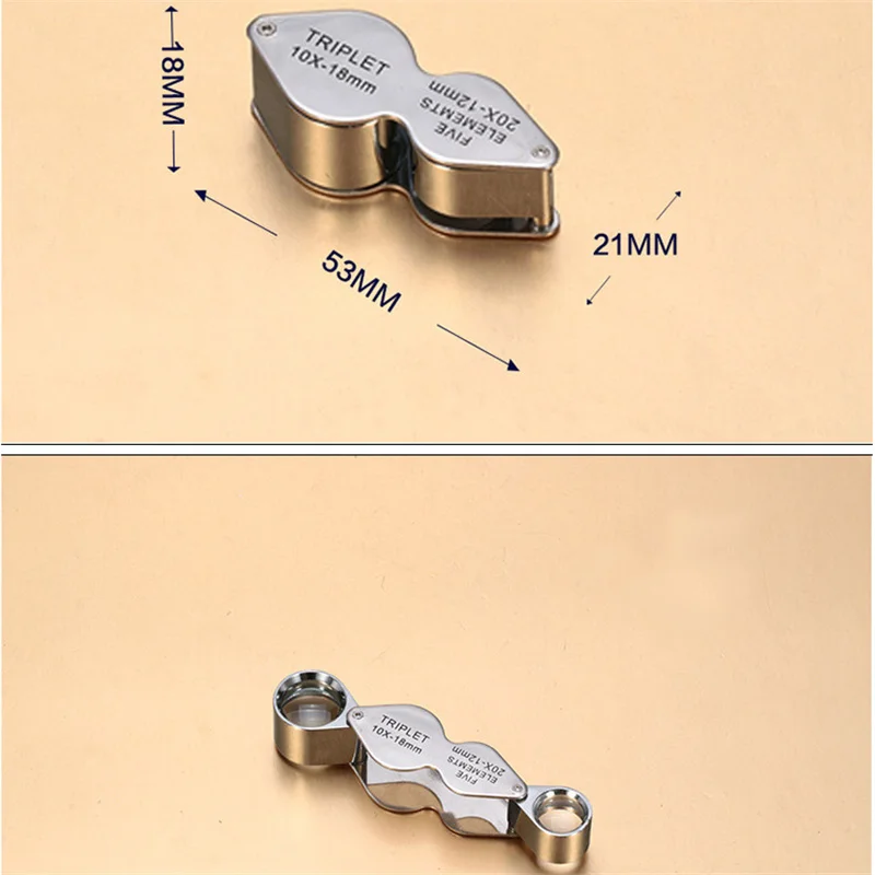 Espejo de aumento plegable doble, lente de cristal óptico de identificación, artesanías, 10 veces 20 veces