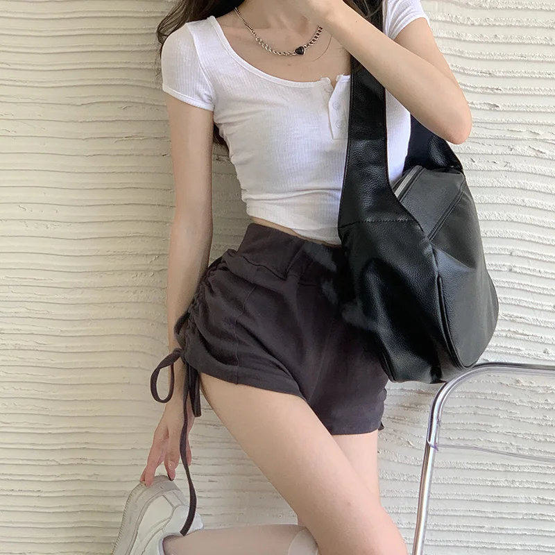 Fashion Ins Hot Side Draw String Shirring Pleated Short Sleeve Short Pants Women Sexy Casual Sports Shorts 2024 New