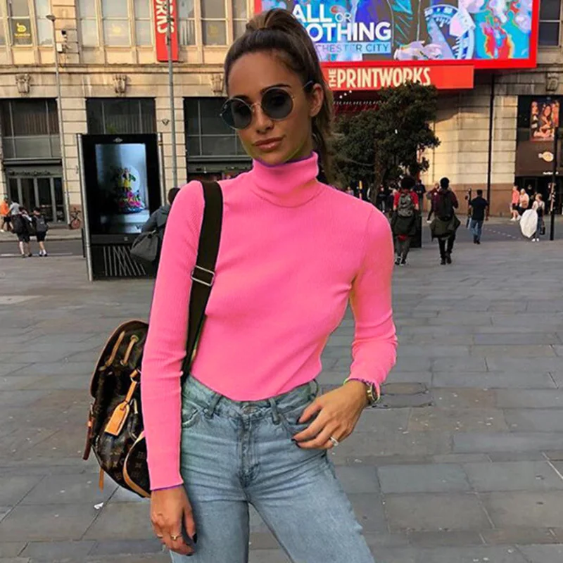 Solid Turtleneck Slim Fitted Neon T-Shirt Women Long Sleeve Tops Tee Shirt 2021 Autumn Tops Womens Clothing Casual Tee Shirt