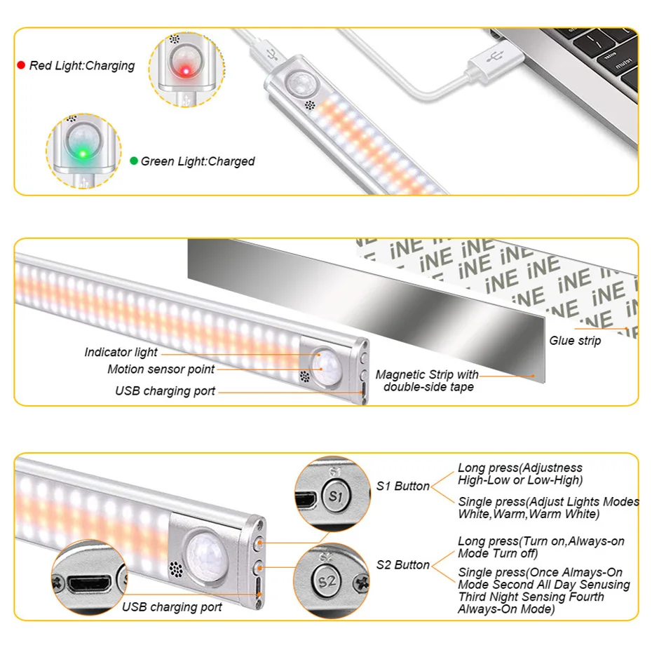 LED Cabinet Light Motion Sensor Kitchen Lamp 80/120/160 LEDs USB Rechargeable Wardrobe Closet Lamp Dimmable With Magnetic Stripe