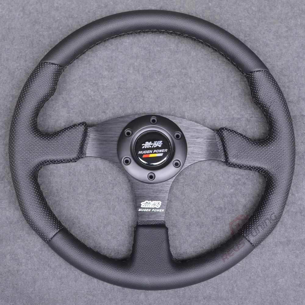 Black/Red Stitching Universal Flat JDM Mugen Style 350mm 14inches Car Racing Sport Steering Wheel With Horn Button