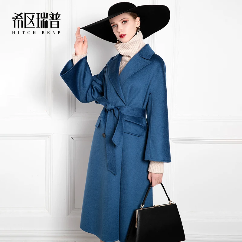 

High End Water Ripple Double-Sided Cashmere Coat Women's Waist Closing Blue Autumn And Winter New Big Brand Slim Celebrity