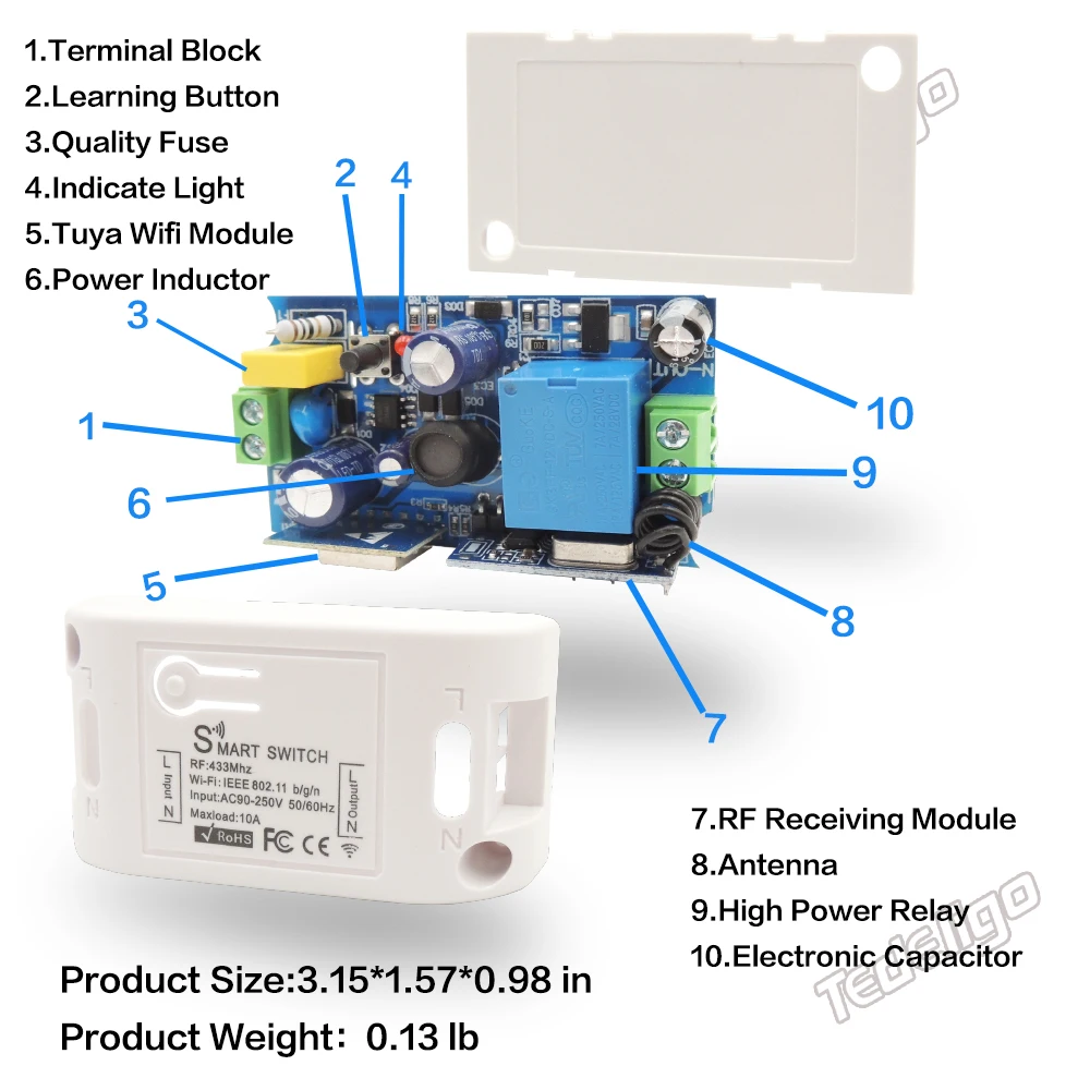 Tuya Smart APP WiFi Touch Wall Switch Light Wireless RF 433Mhz DIY Relay Timer Module Google Home Alexa AC 110V 220V 10A On Off