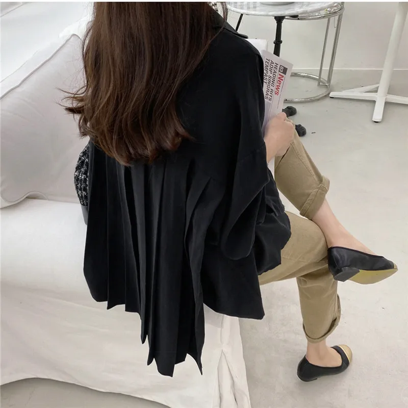 Women Pleated White Blouse Spring New Fashion Turn Down Collar Batwing Sleeve Buttons Chiffon White Shirt