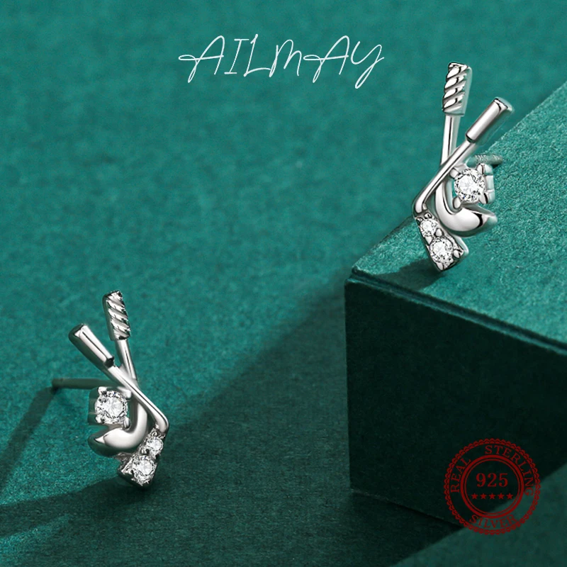 Ailmay 100% 925 Sterling Silver Fashion Hockey modelling Clear Zircon Stud Earrings For Women Girls Party Accessories Jewelry