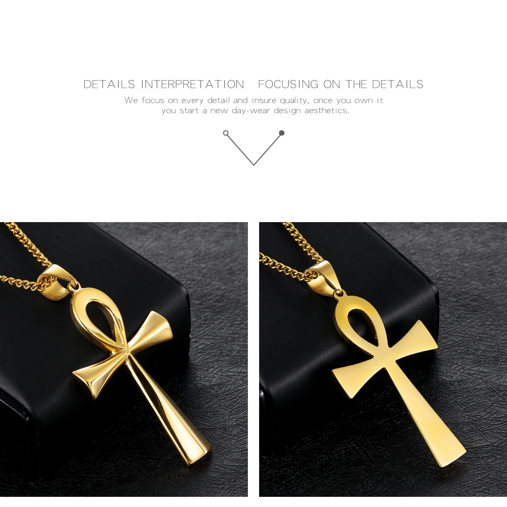 Egyptian Ankh Cross Pendant Necklace For Women Men Stainless Steel Black Gold Color Egypt Vintage Jewelry