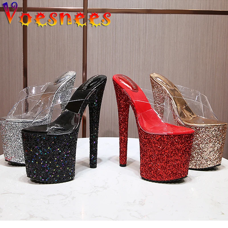 Fashion New Bling Women Shoes Transparent Thin Heels Slipper 20CM Super High Heels Sexy Platform Sandals Girl Show Catwalk Shoes