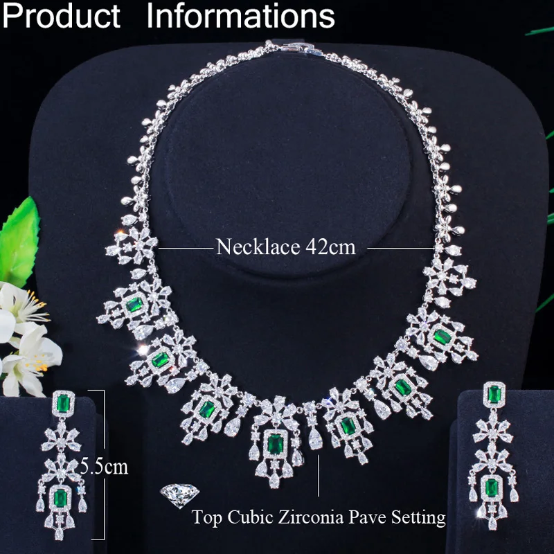 CWWZircons Luxury Green Cubic Zirconia Women Wedding Party Bride Necklace Earrings Jewelry Sets Bridal Dress Accessories T353