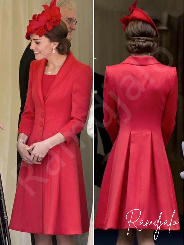 

Kate Middleton Red Mother Of The Bride Dresses for Wedding with Outfit Jacket Knee Length Buttons Formal Guest Gowns Mariage