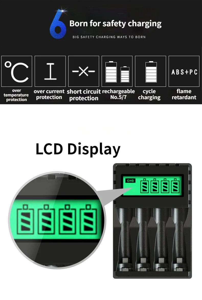 Ładowarka akumulatorów PUJIMAX z wyświetlaczem LCD 4 gniazda inteligentna o jasnym świetle jakość szybkie ładowanie do 1.2V AA/AAA NiCd NiMh