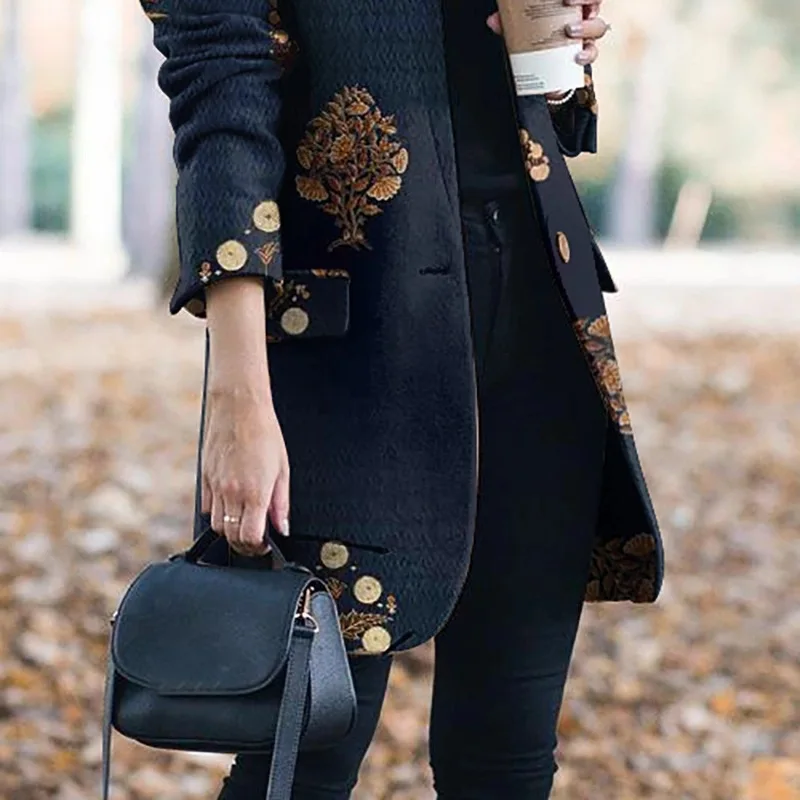 Giacca da donna oversize con stampa floreale a maniche lunghe con risvolto giacca adatta moda primavera autunno Office Lady Suit Vintage Pop Year Coat