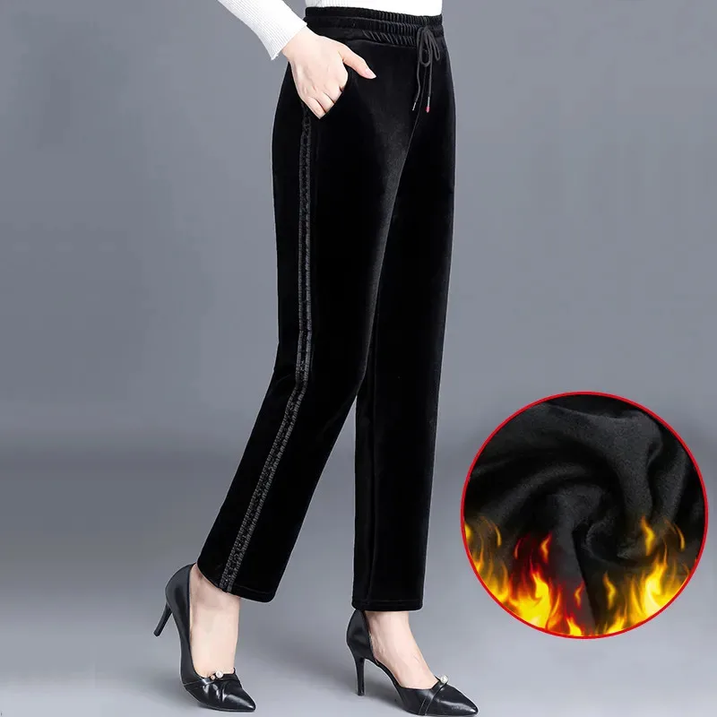 Winter Women's Gold Velvet Pants Casual Loose Straight Pants Female Autumn Winter Elastic Waist Trousers 5XL Black W24