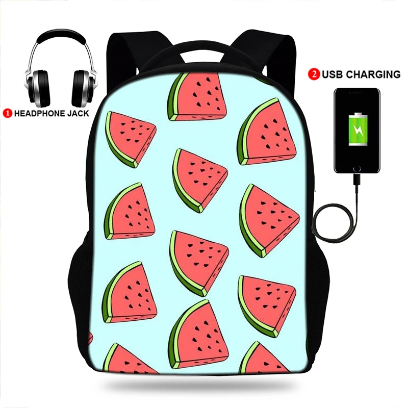 Customized New  USB Backpack Watercolor Watermelon Print Students school bag male Computer Mochila