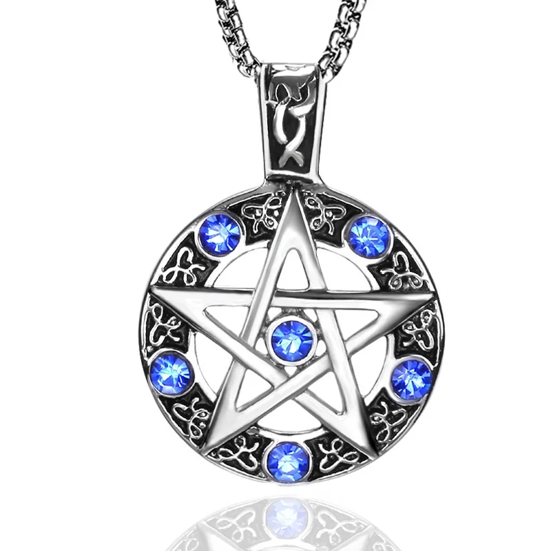 Pentagram Round Hollow Pendant Necklace Couple Men's Women's Necklace Blue Stone Inlaid Viking Rune Accessories Party Jewelry